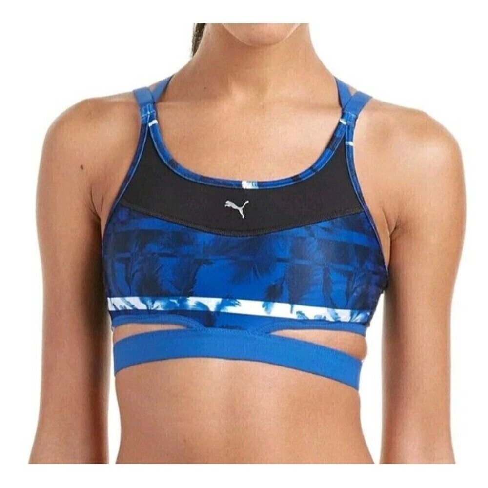 PUMA Sports Bra Size Medium Powershape Future Mid Impact Black Blue Strappy - Picture 2 of 13